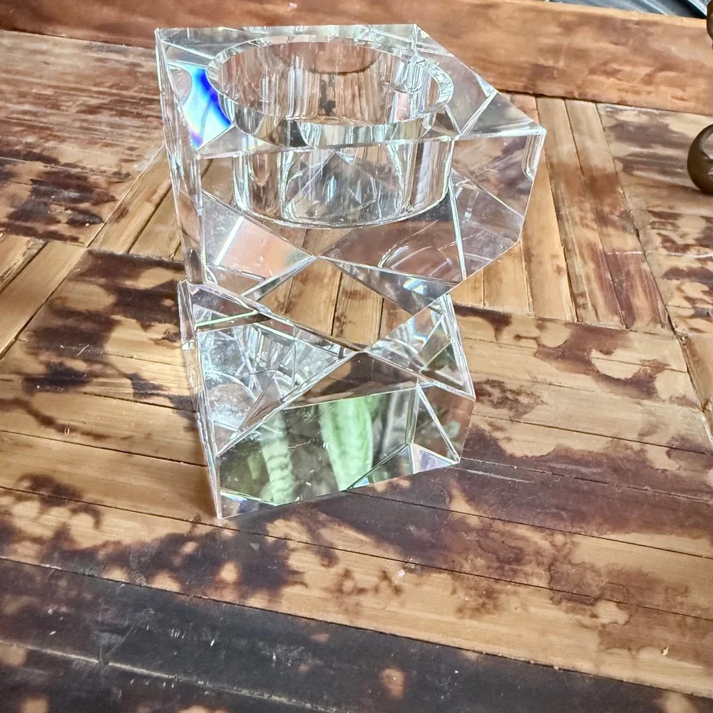 Oleg Cassini Crystal Geometric Votive Tealight Candle Holder - Signed Art Glass